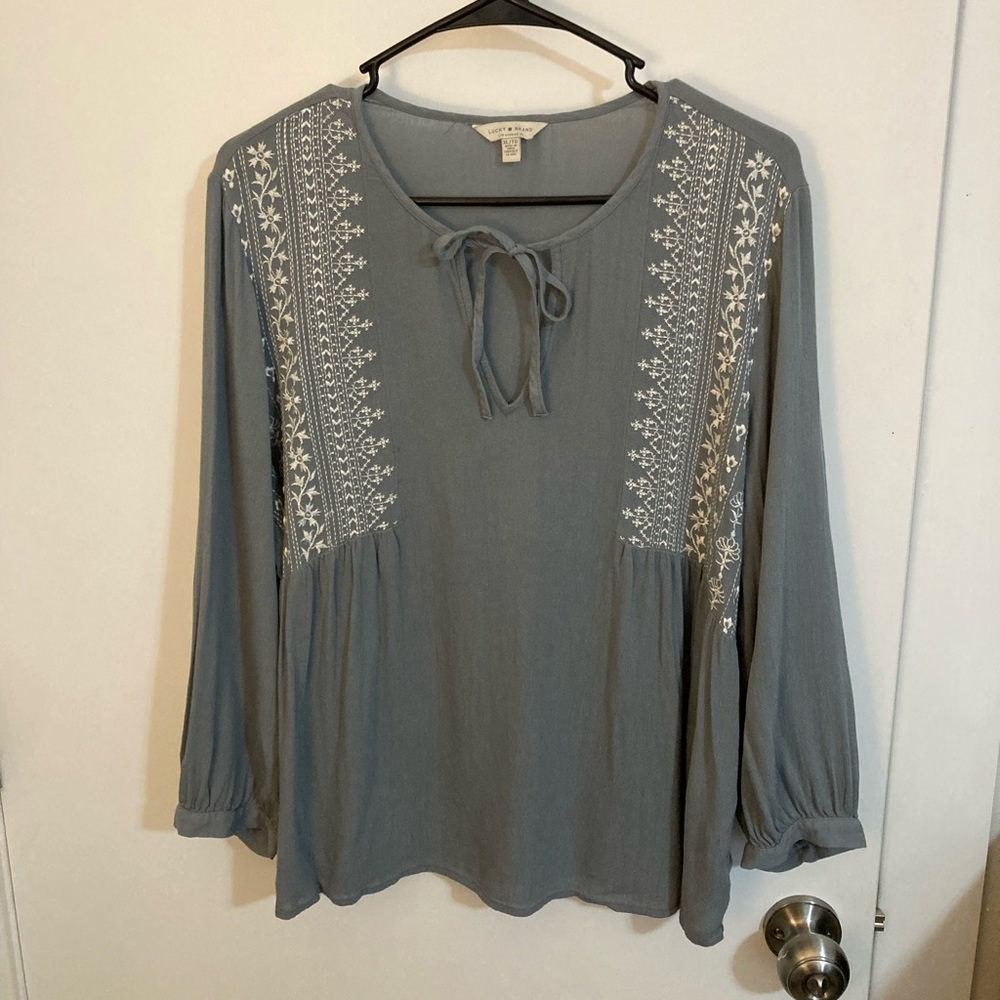 Lucky Brand Embroidered Tie-Neck Top, XL